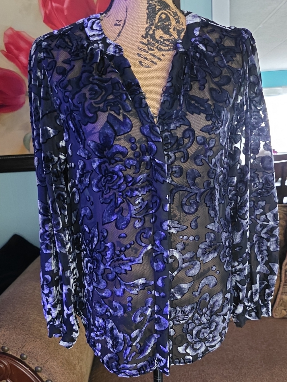 Chico's Sheer Floral Burnout Blouse - Purple